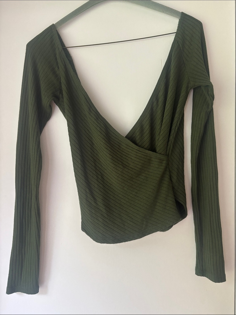 Reformation Olive Ribbed Wrap Long Sleeve Top